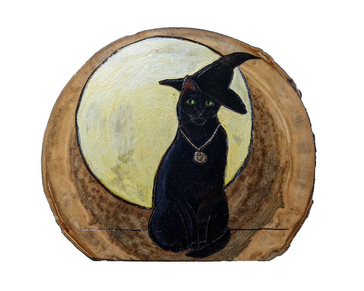 Black Cat with Witch Hat and Full Moon