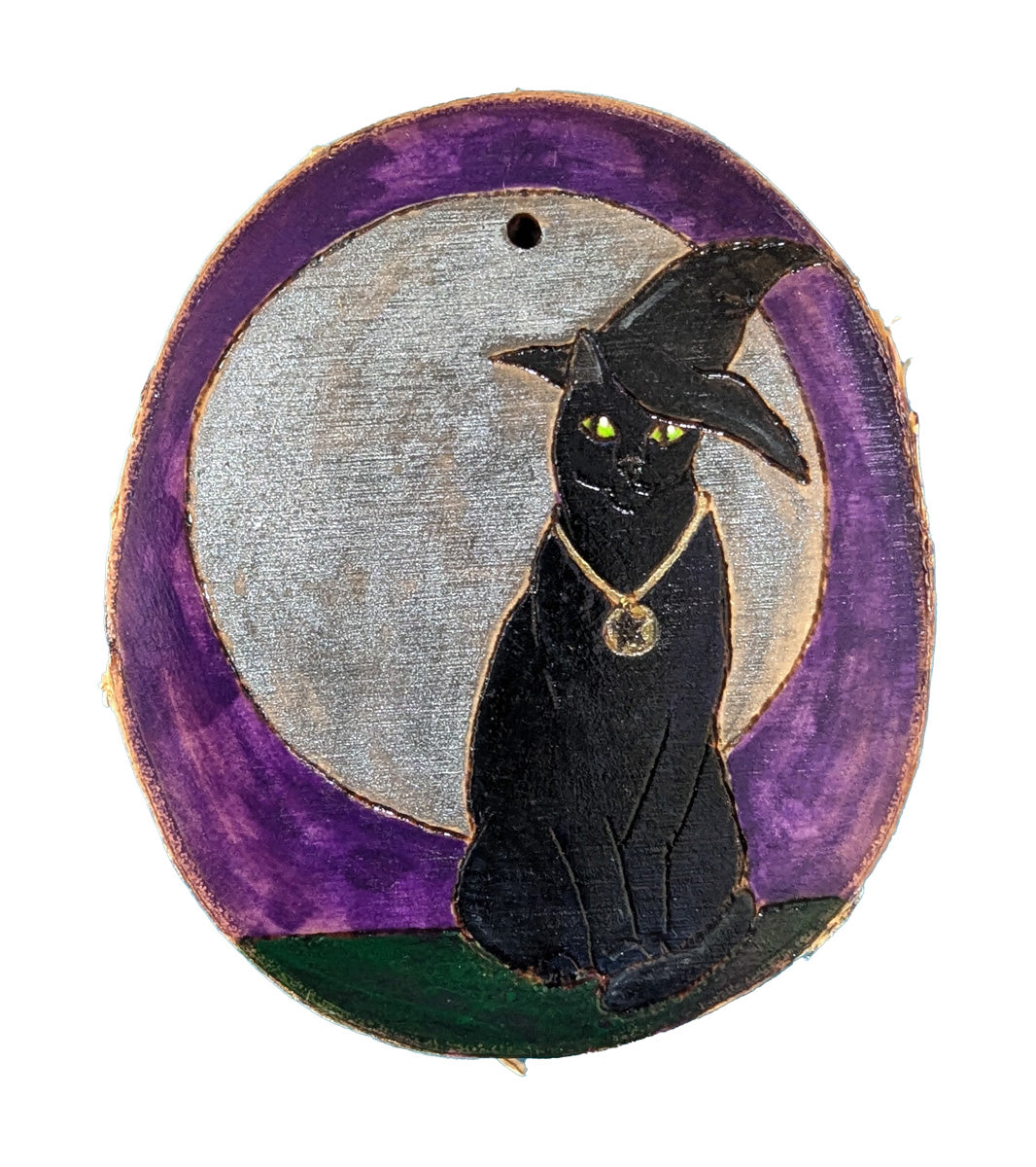 Black Cat with Witch Hat and Silver Full Moon Ornament