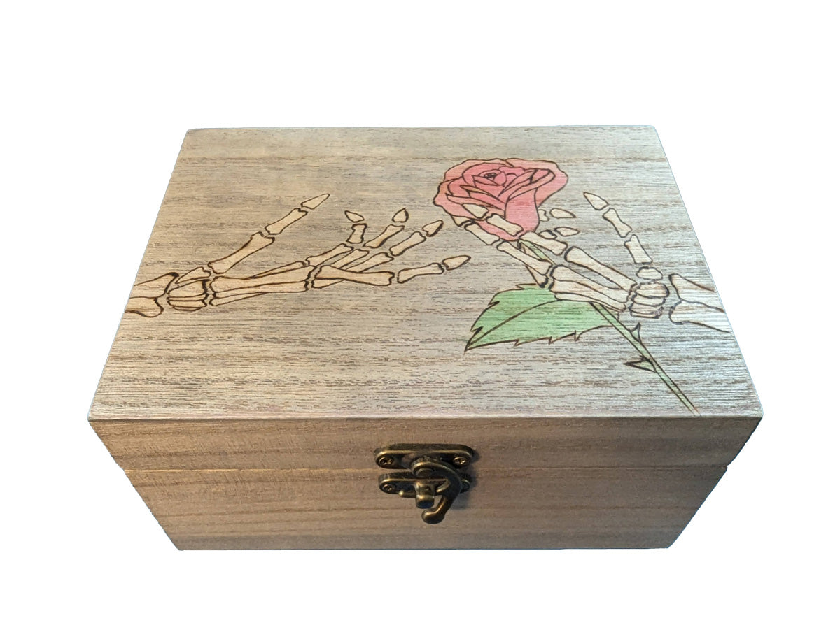 Wood Box with Skeleton Hands and Rose