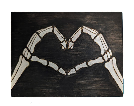 Wood Box with Skeleton Hands in Heart Sign