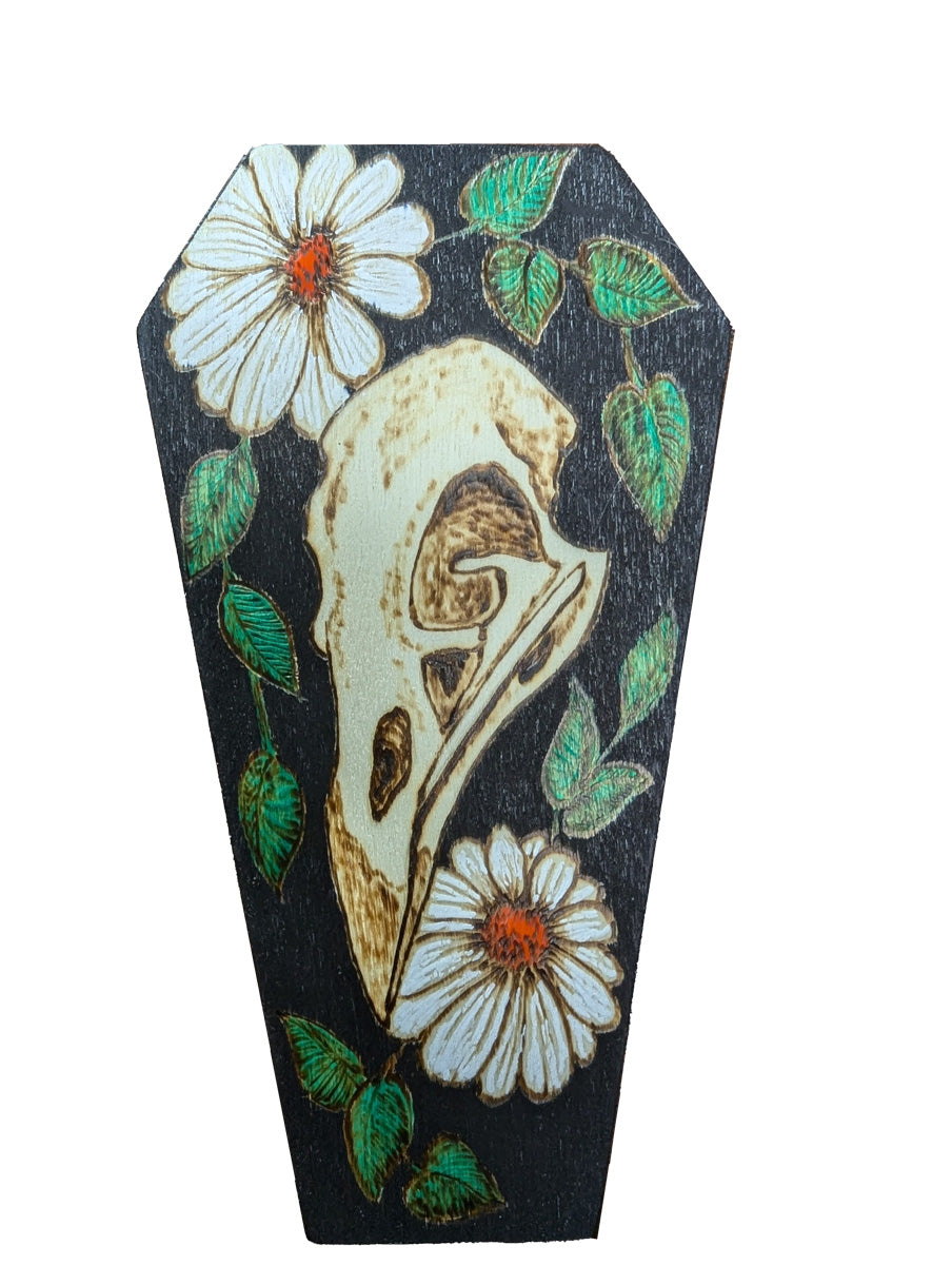 Coffin Trinket Box with Raven Skull and Daisies