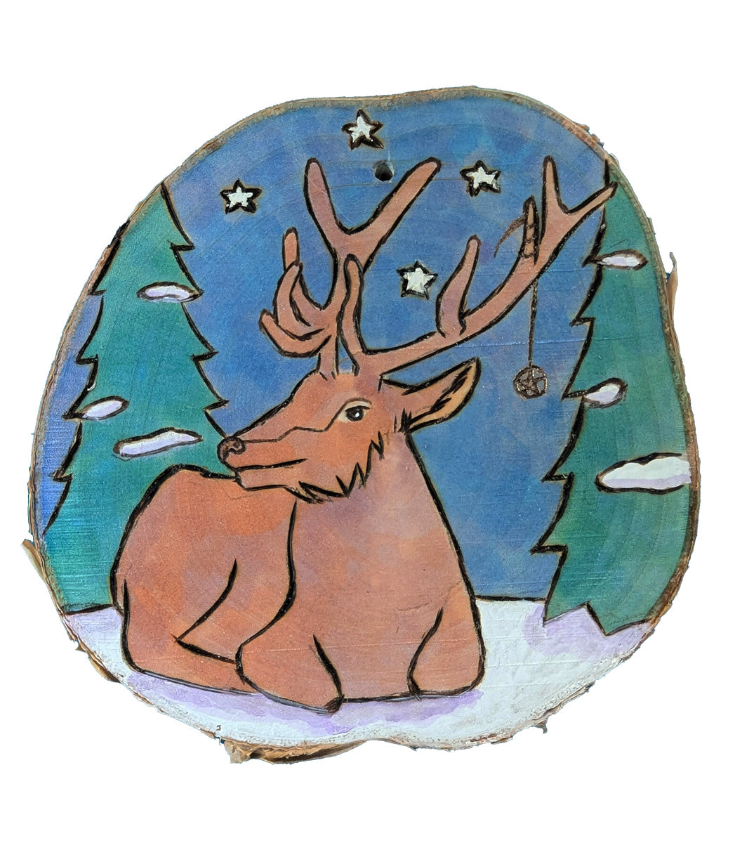 Resting Reindeer with Pentacle and Trees Ornament