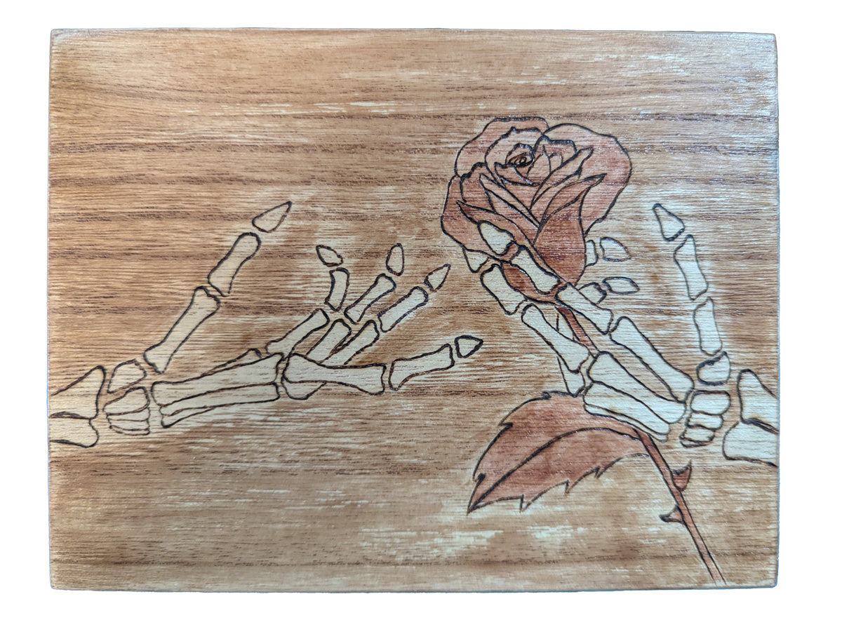 Wood Box with Skeleton Hands and Rose