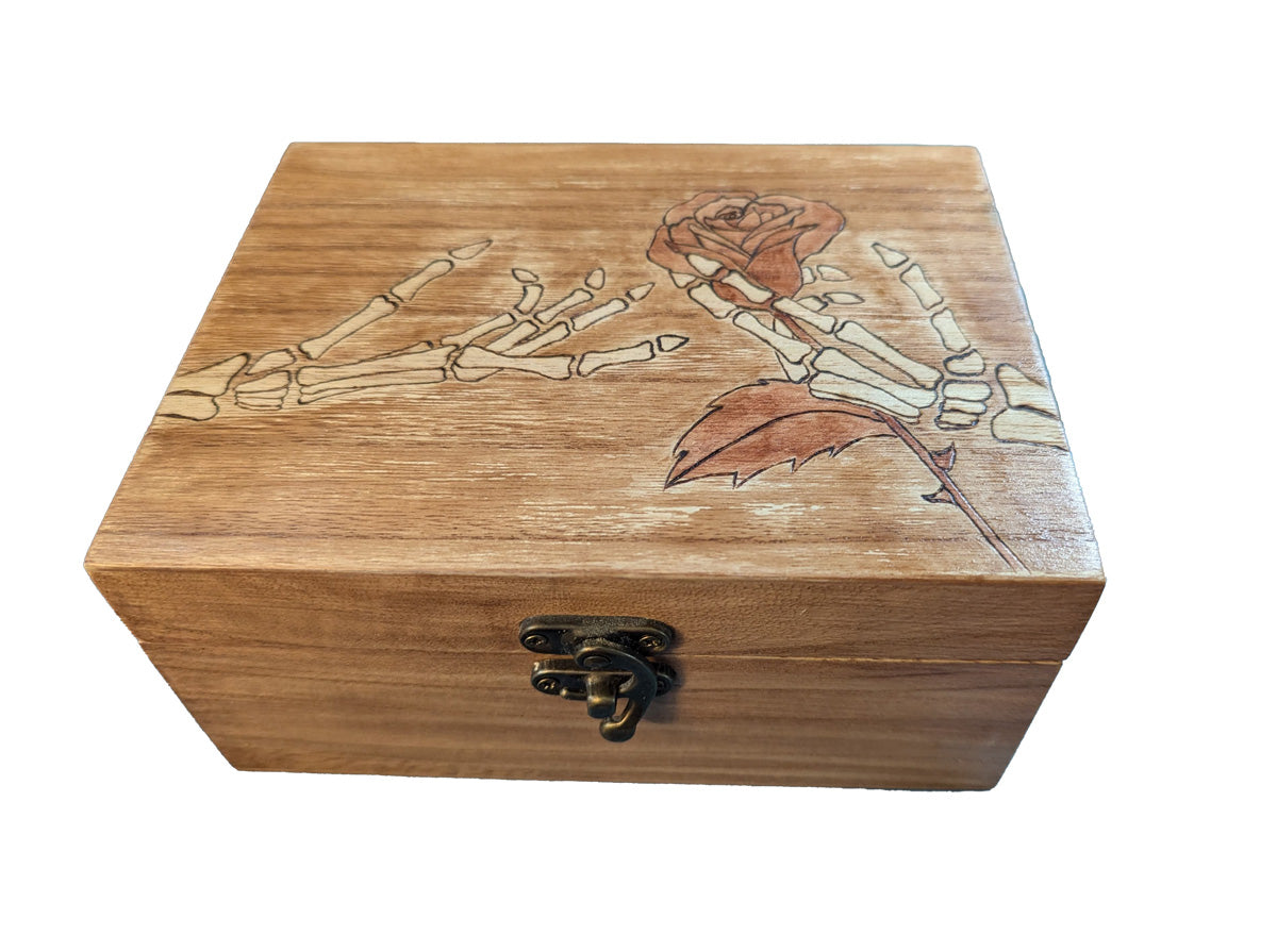 Wood Box with Skeleton Hands and Rose