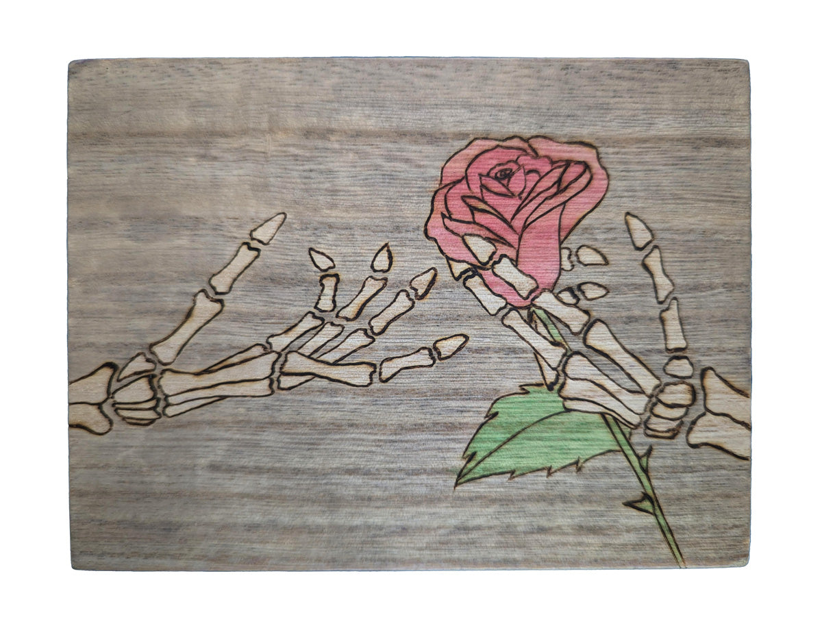 Wood Box with Skeleton Hands and Rose