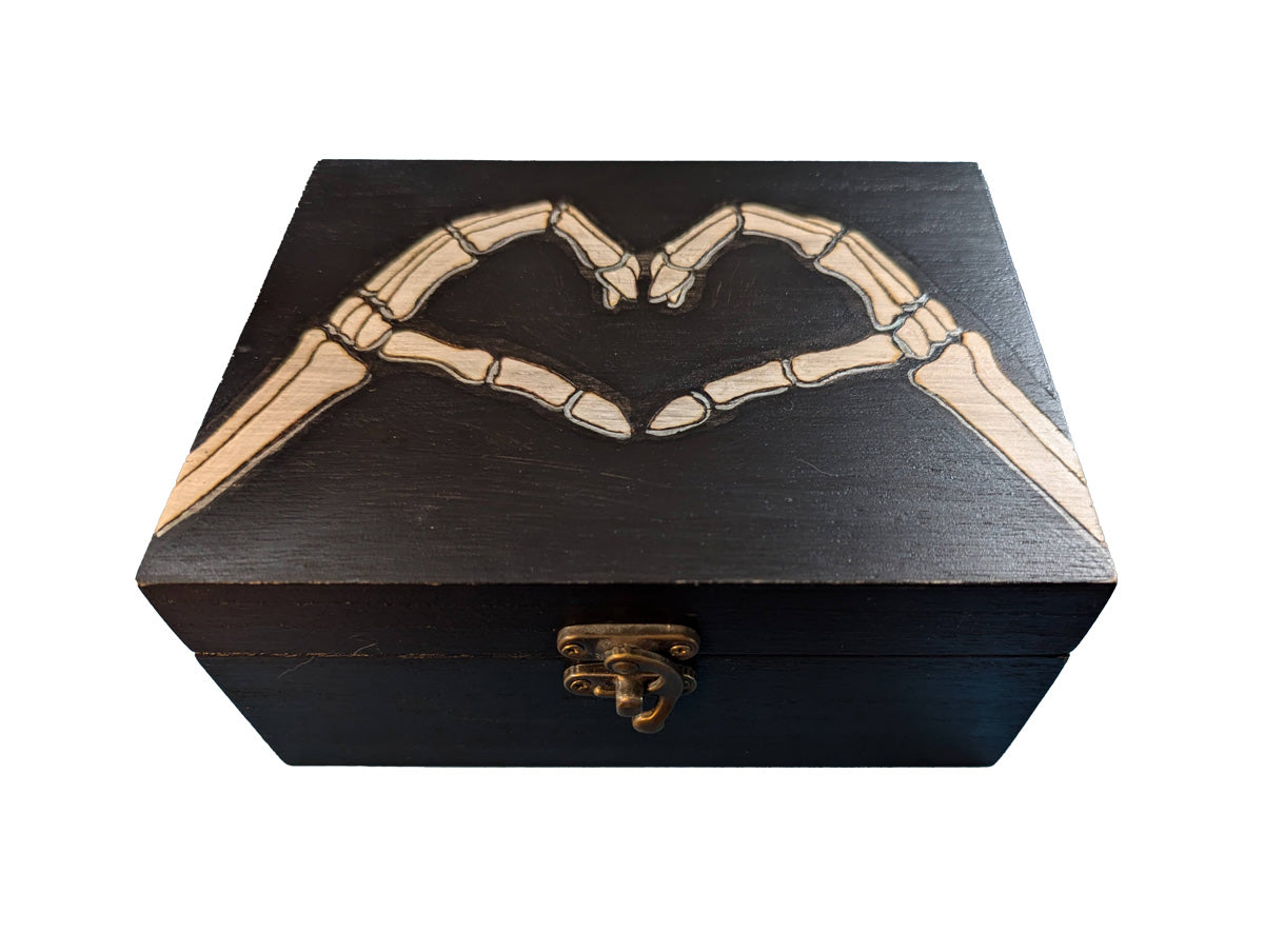 Wood Box with Skeleton Hands in Heart Sign