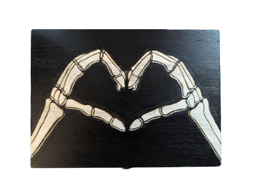 Wood Box with Skeleton Hands in Heart Sign