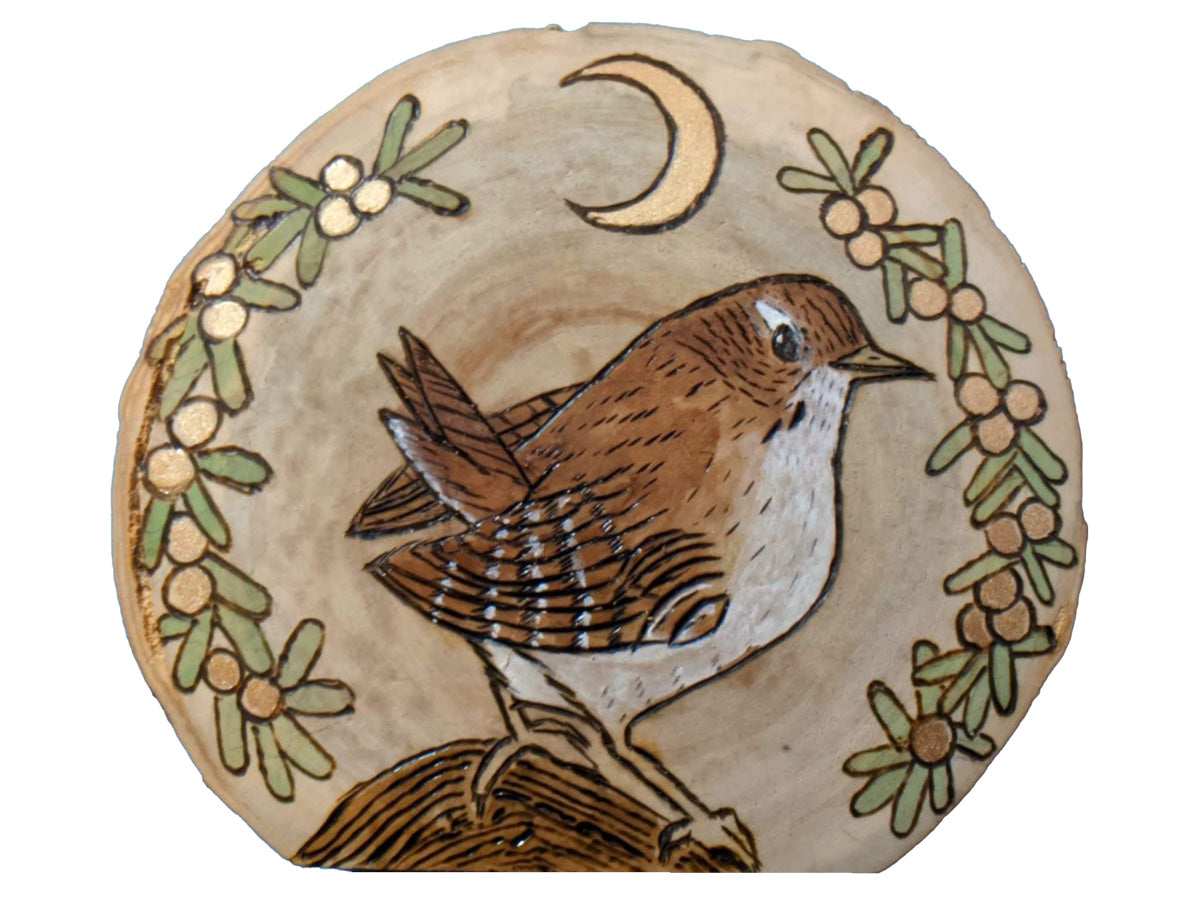 Wren with Mistletoe and Crescent Moon